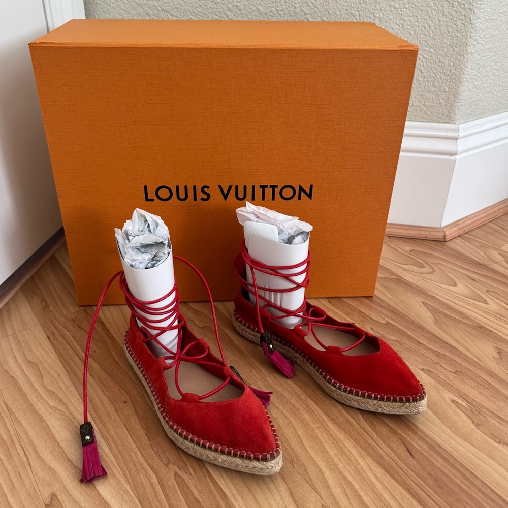 Louis Vuitton Red Suede Lace Up Espadrille Flats - Picture 4 of 14